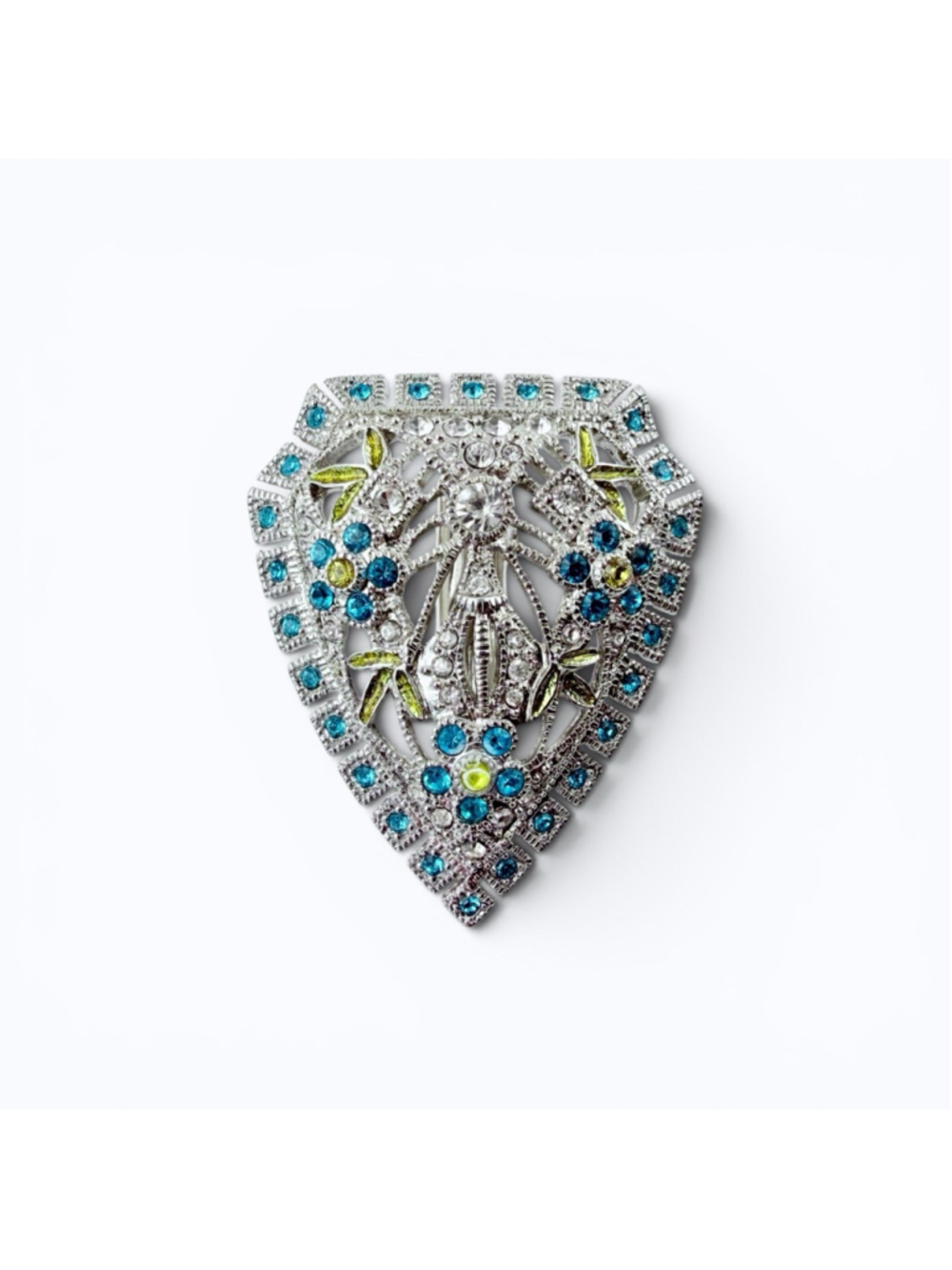 Vintage Art Deco Style Dress Clip Brooch Aqua Blue Lime Yellow Clear Rhinestone